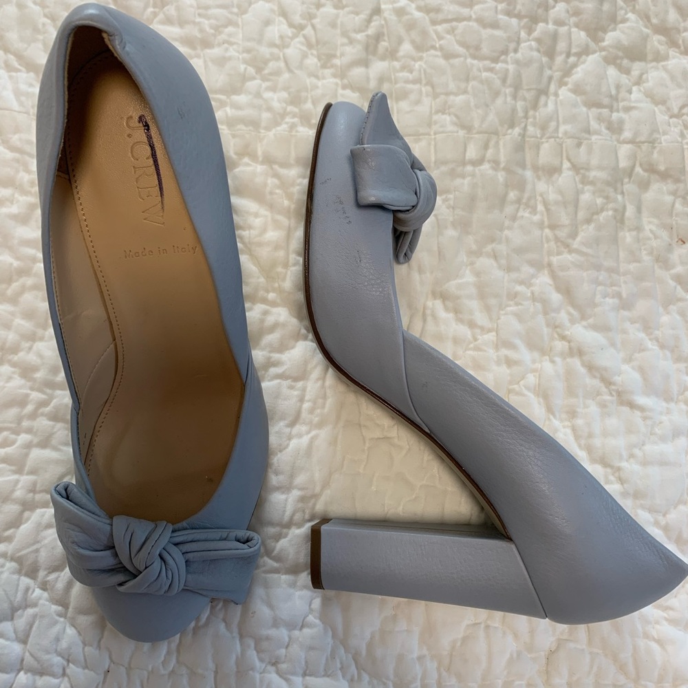 Baby blue J Crew leather high heels with bows, made in Italy.